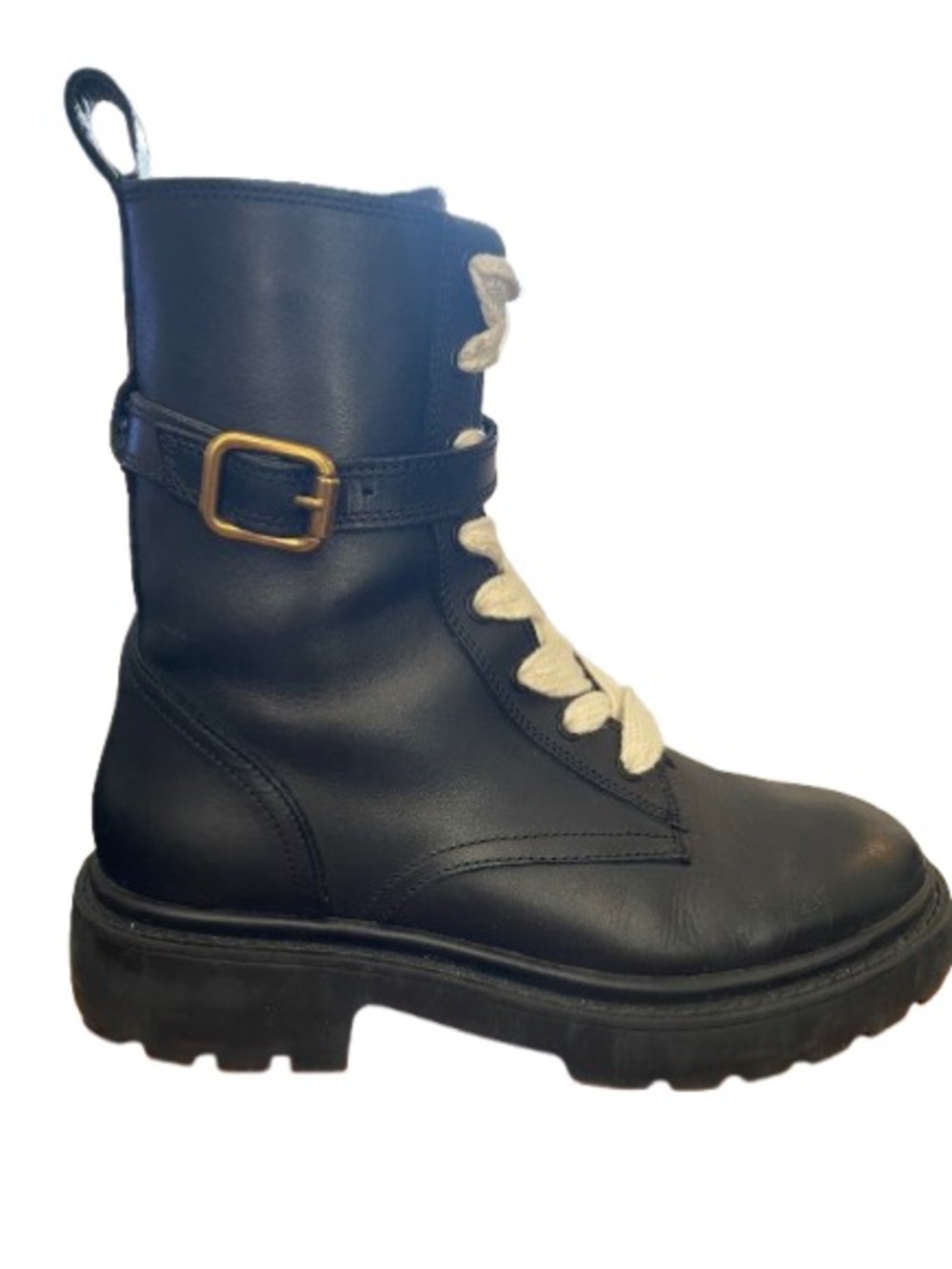 ZARA Women’s Black Lace-Up Leather Combat Boot with Cream Laces